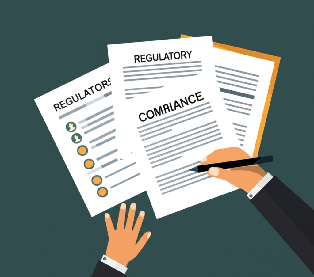 全球監管牌照與合規文件由監管機構審查，確保金融平台安全的插畫風格示意圖