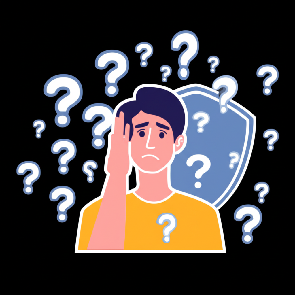 投資人面對線上交易平台感到困惑,周圍充滿問號,象徵安全的盾牌浮現其中