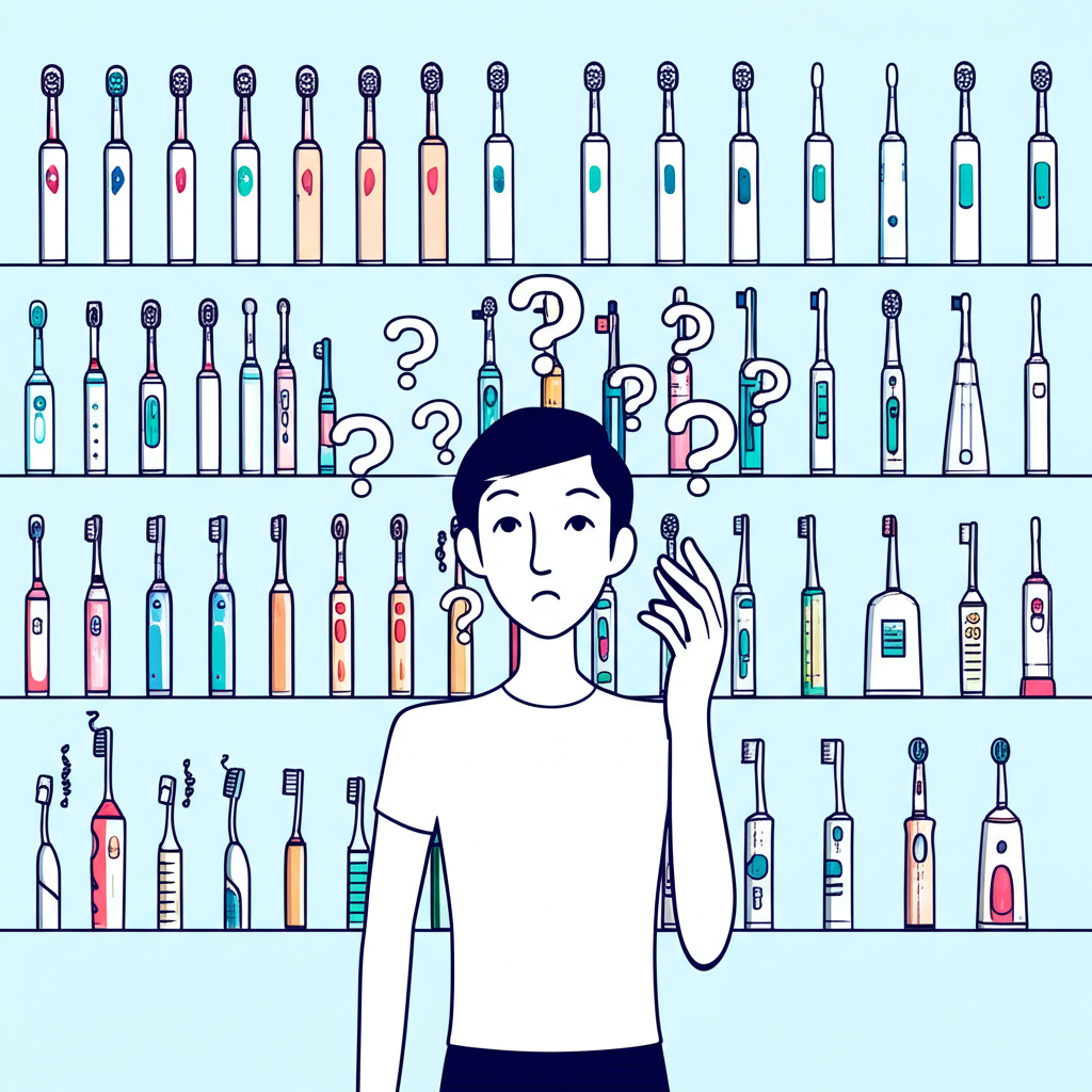 illustration of a person standing confused in front of many different types of electric toothbrushes with question marks above their head representing the two main types sonic and oscillating-rotating side by side clearly labeled