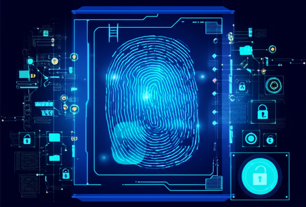 插圖：一座數位堡壘，多層技術防禦層層守護加密資產，包含生物辨識掃描與多重驗證機制