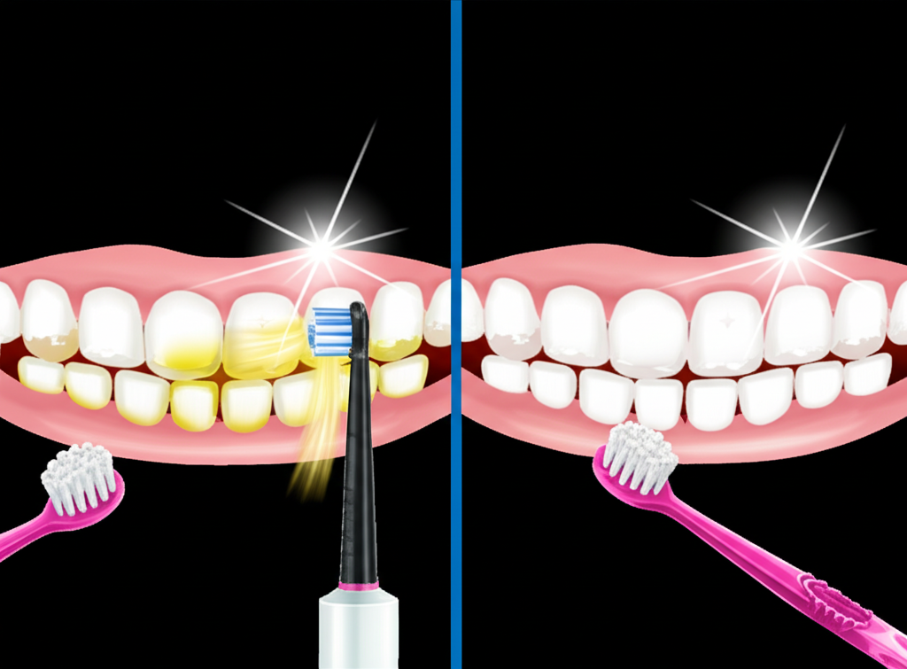 illustration of a sparkling clean mouth with an electric toothbrush efficiently removing plaque compared to a traditional manual toothbrush highlighting superior oral hygiene