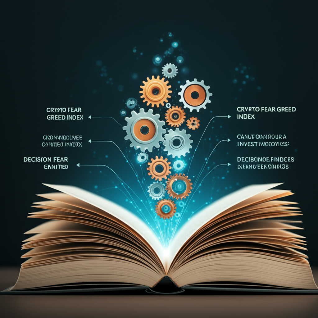 解釋加密貨幣恐懼貪婪指數運作機制的開放書籍插圖,內含齒輪和數據點,引導投資人清晰決策路徑