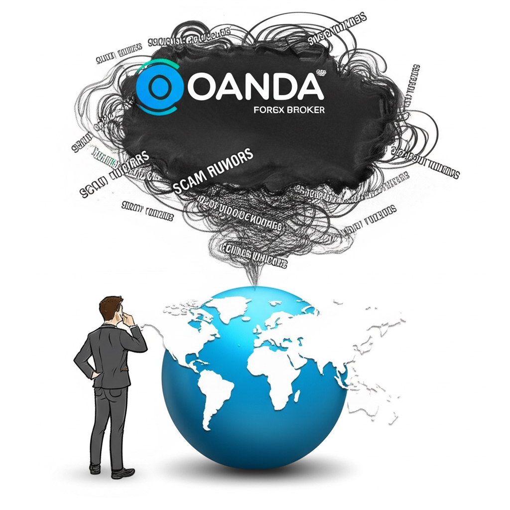 插圖：一個人困惑地看著Oanda周圍盤旋的詐騙謠言雲，背景是世界地圖，象徵市場上的混亂資訊