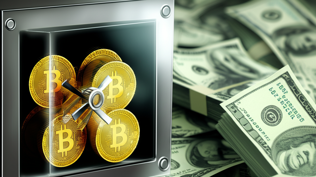 透明金庫內保護著有限數量的金色比特幣硬幣,與背景中不斷印製的紙鈔形成強烈對比,象徵稀缺性與抗通膨特性