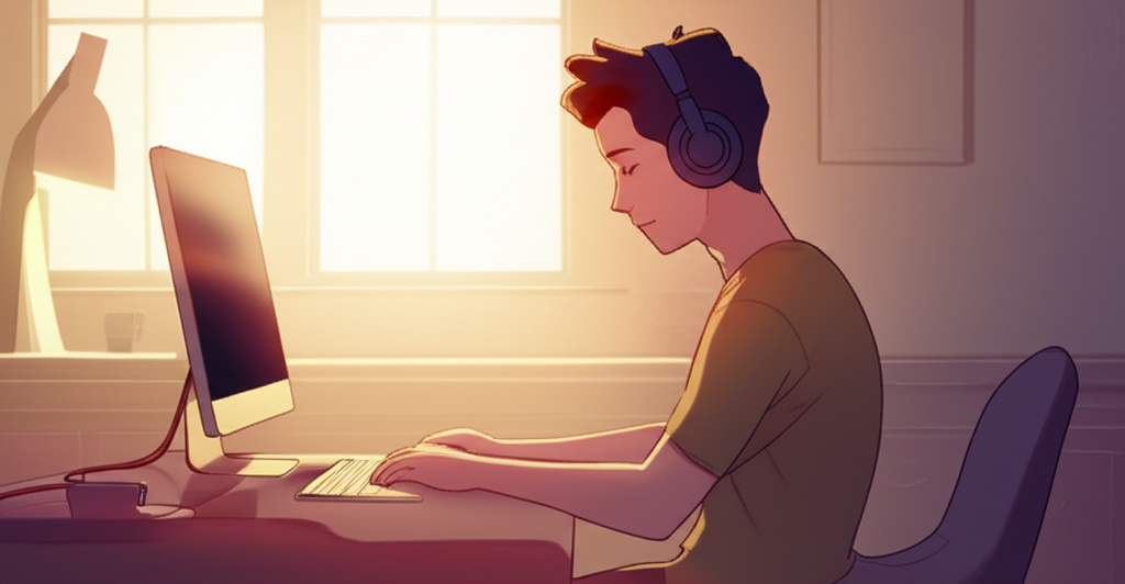 一位在寧靜無雜亂工作空間中戴著降噪耳機、專注電腦任務的人，周圍柔和光芒象徵無中斷深度工作和提升專注