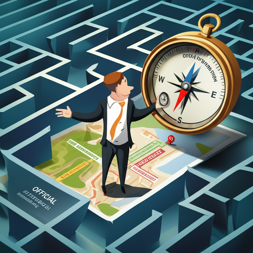 插畫：一個人自信地穿越金融迷宮，手持標註「官方資訊」的指南針與「用戶經驗」地圖，走向寫有「Mitrade出金指南」的清晰路徑