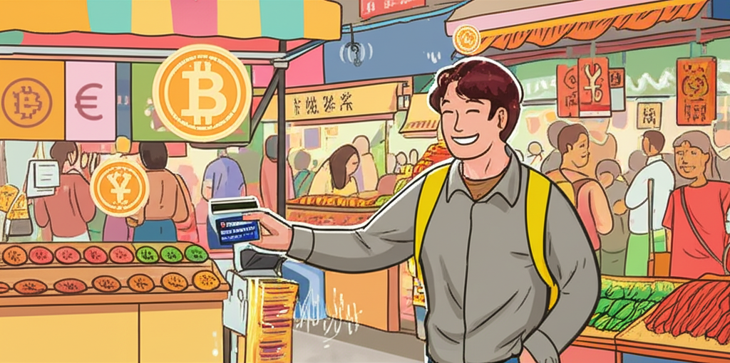 插圖:一名消費者在台灣熱鬧市集中愉快地使用Crypto信用卡付款,周圍漂浮著數位貨幣符號,象徵數位資產與日常生活的無縫融合