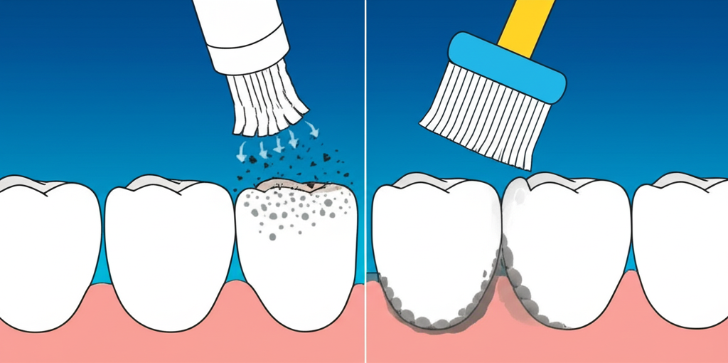 An illustration showing a magnified view of teeth being cleaned with an electric toothbrush demonstrating high frequency vibrations effectively removing plaque and a manual toothbrush struggling with hard to reach areas
