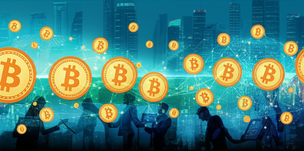 比特幣與區塊鏈技術在全球金融市場中的應用示意圖