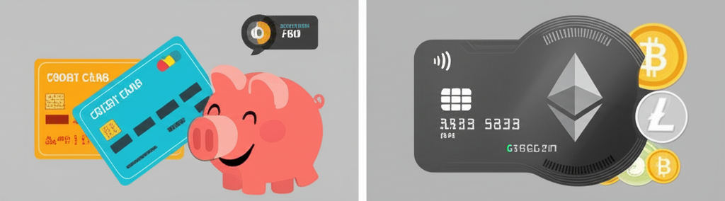 插圖:左右對比分鏡,左邊是傳統信用卡搭配存錢筒與信用分數,右邊是加密扣帳卡搭配加密幣與即時餘額計量器,突顯兩者在資金來源與消費模式上的本質差異
