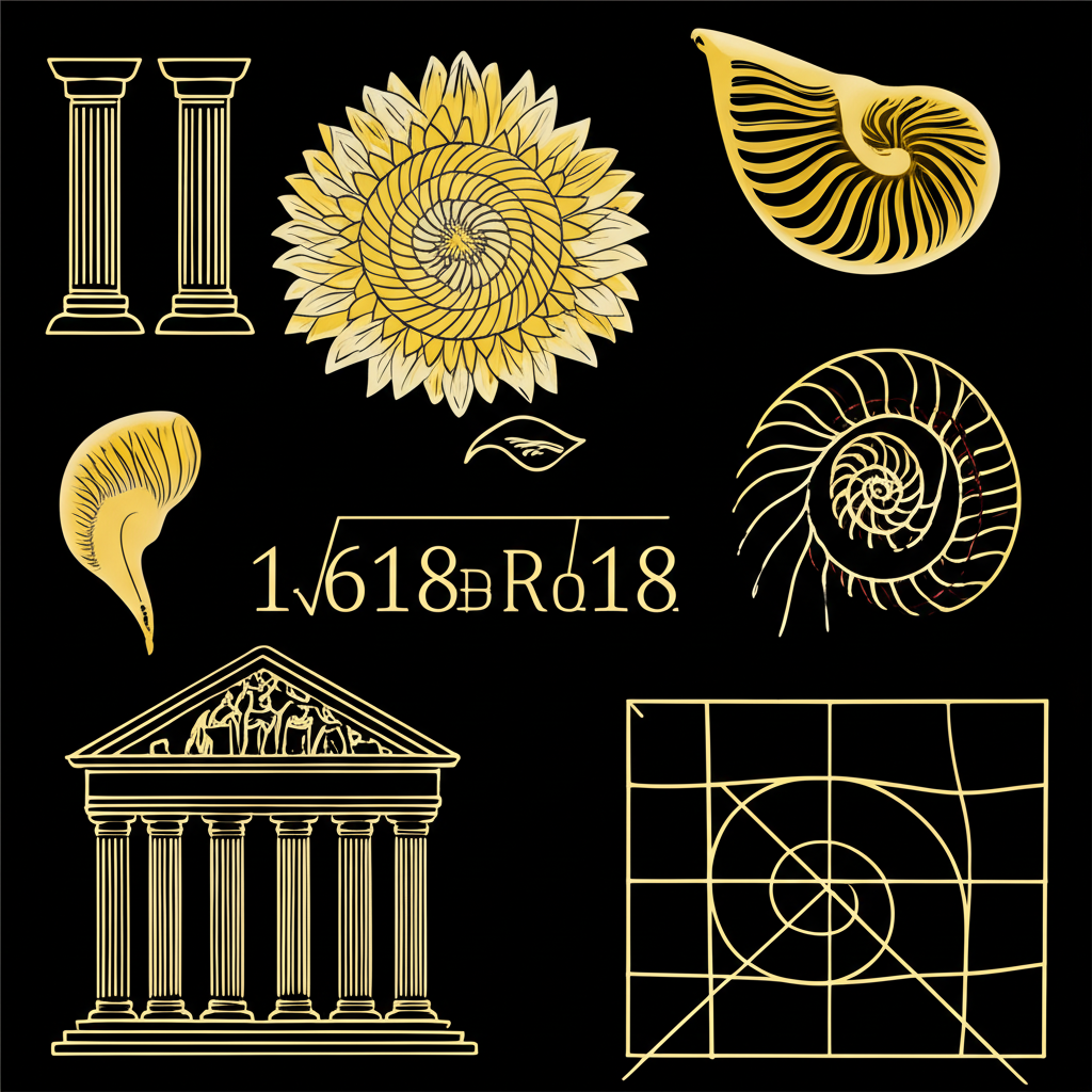 黃金比例約1.618的數學符號與自然範例,如向日葵螺旋、貝殼與古典建築設計