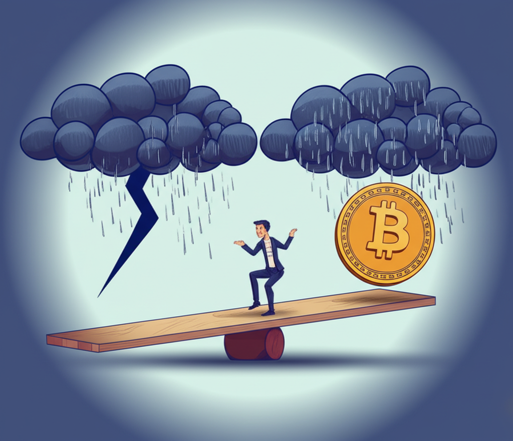 一個人站在天秤上，一端是比特幣代表高報酬潛力，另一端是暴風雲象徵市場波動與風險