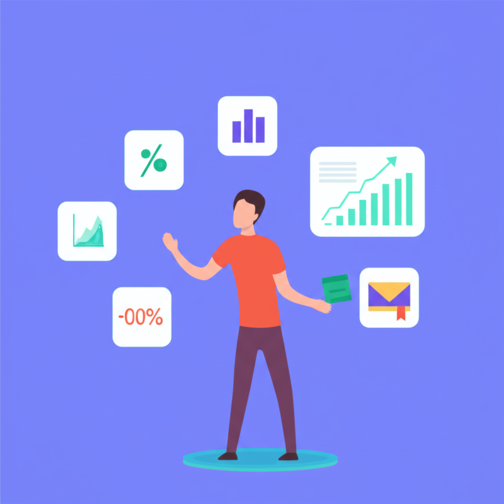 插圖:數位理財工具如記帳應用、投資平台與數據儀表板環繞一人,展現其學習並做出明智財務決策的場景