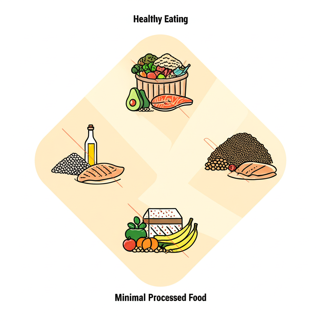 A conceptual illustration showing five distinct icons or scenes, each representing a core principle of healthy eating such as whole grains, abundant produce, lean protein, healthy fats, and minimal processed food