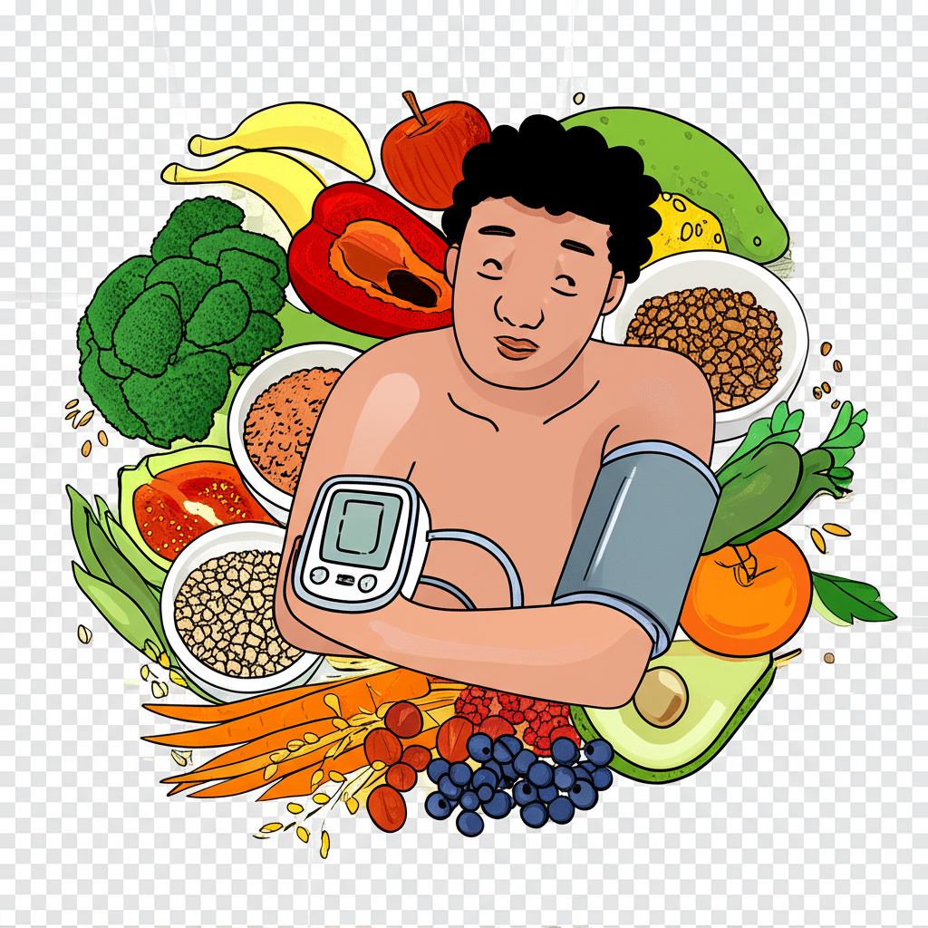 一位人手持血壓計,周圍環繞著鮮豔蔬果和全穀物,象徵飲食對高血壓管理的關鍵