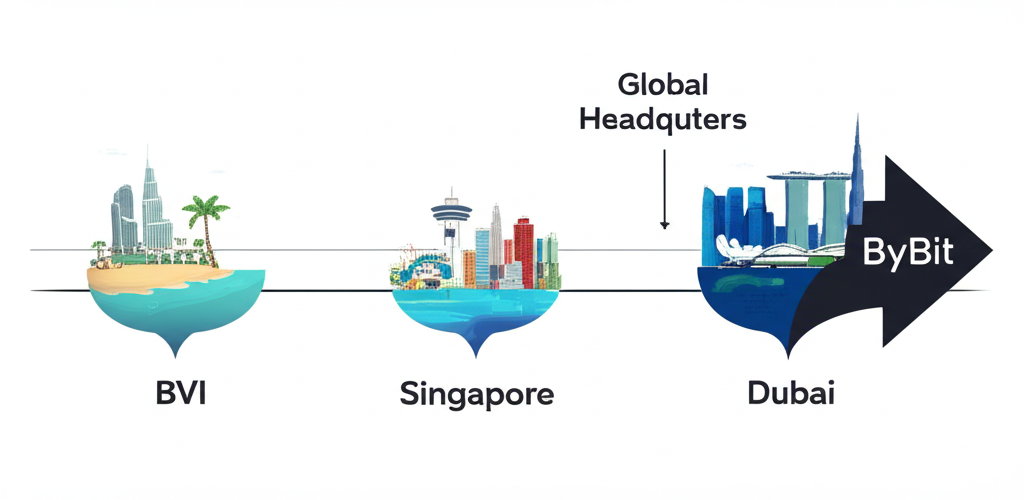 Bybit 發展時間軸:從英屬維京群島、新加坡到杜拜,以地標圖示呈現其總部演進歷程,凸顯杜拜作為當前全球總部與合規核心的戰略地位