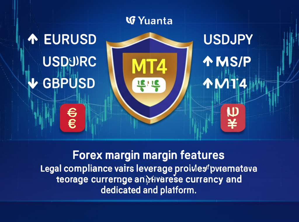 插圖:儀表板顯示多種貨幣對如EURUSD USDJPY,箭頭上下波動代表雙向交易,角落有MT4 MT5平台圖示,整體在監管盾牌保護下,展現元大外匯保證金的合法合規與多元功能