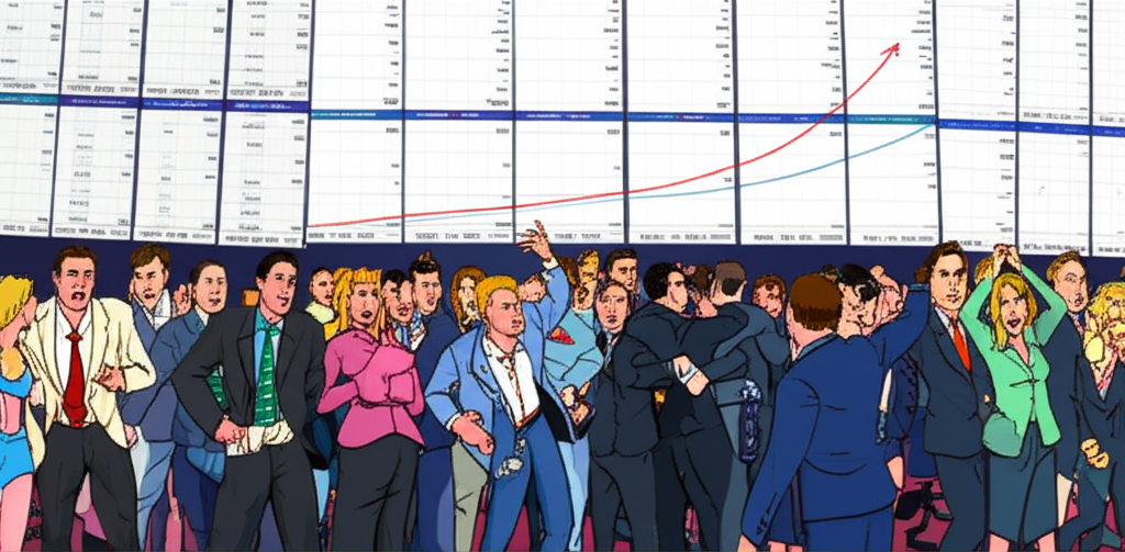 交易室內眾多投資人急切買回股票，股價圖表呈現銳利上漲，充滿緊急氛圍