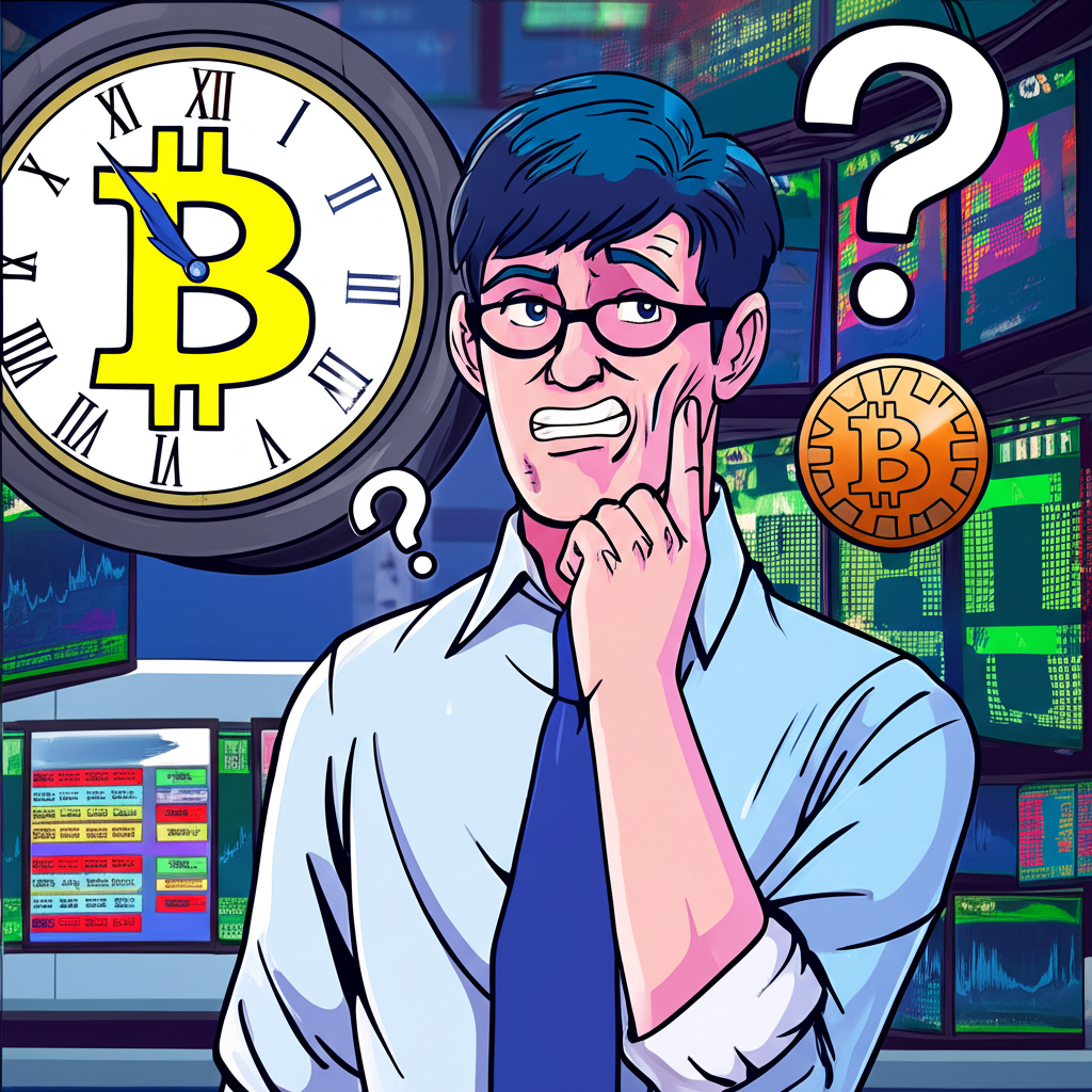 一位台灣投資者困惑地看著時鐘與比特幣符號，身處傳統股市場景中，頭頂有個大大的問號