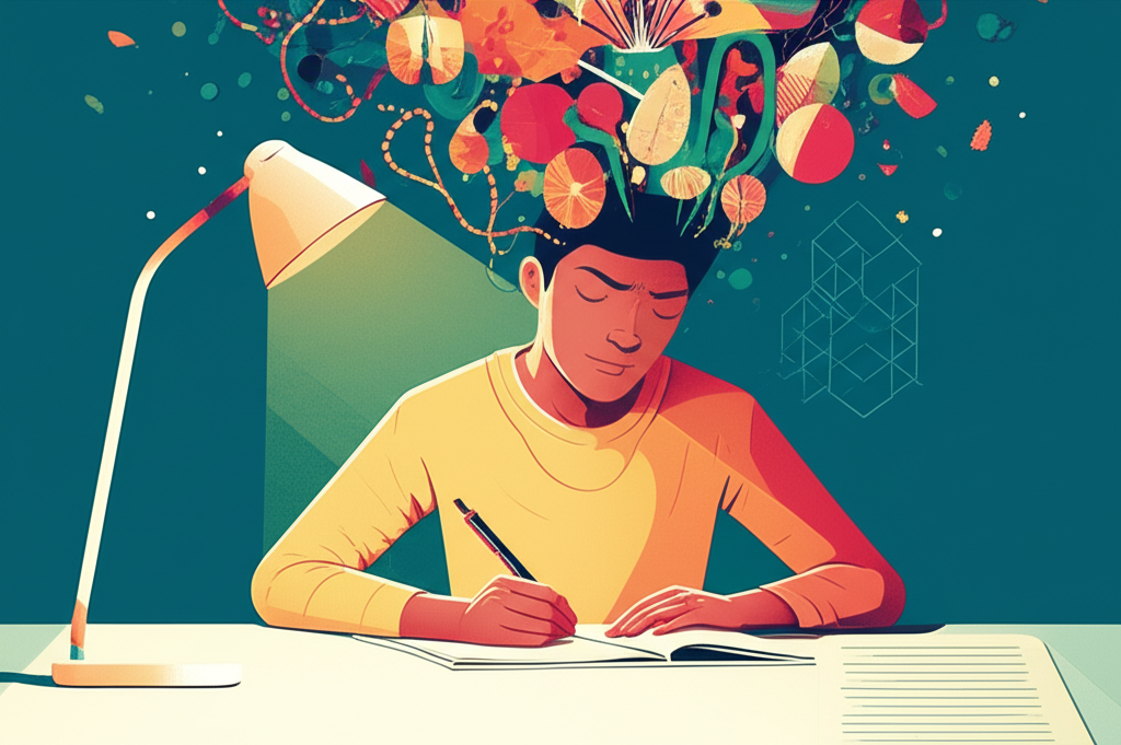 插圖:一個人自信地坐在書桌前寫作,腦中思緒清晰有序,周圍混亂的想法逐漸消散,象徵透過結構化方法掌握內容創作