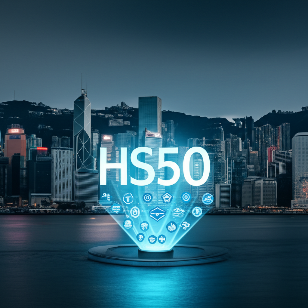 繁華的香港城市景觀,大型HS50圖形代表50家藍籌公司的標誌閃耀發光,象徵其作為經濟支柱與市場指標的重要性