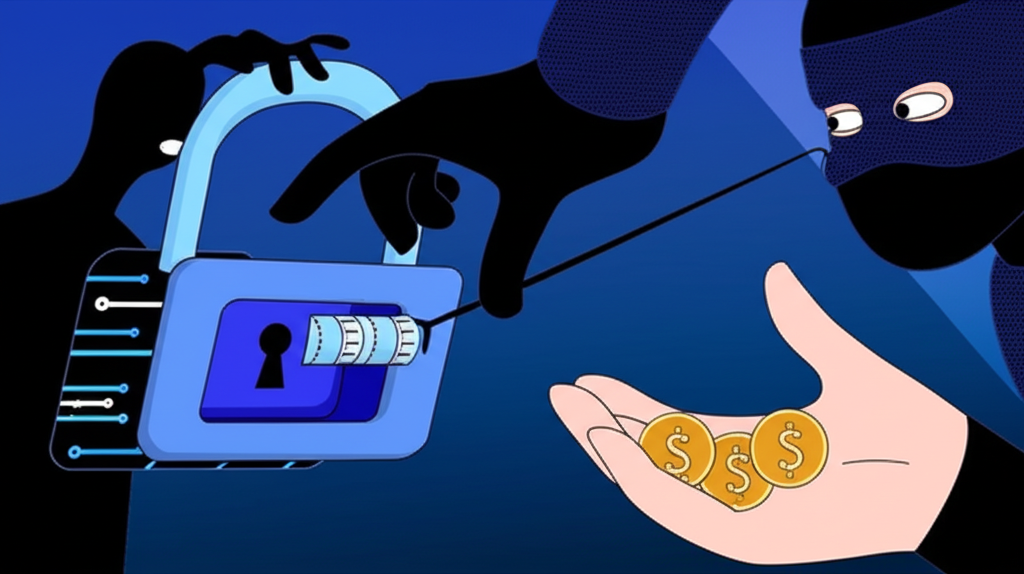 an illustration of a digital lock being picked by a masked figure and a hand reaching out to grab coins from another person representing common okx scam methods like account information theft and asset transfer deception