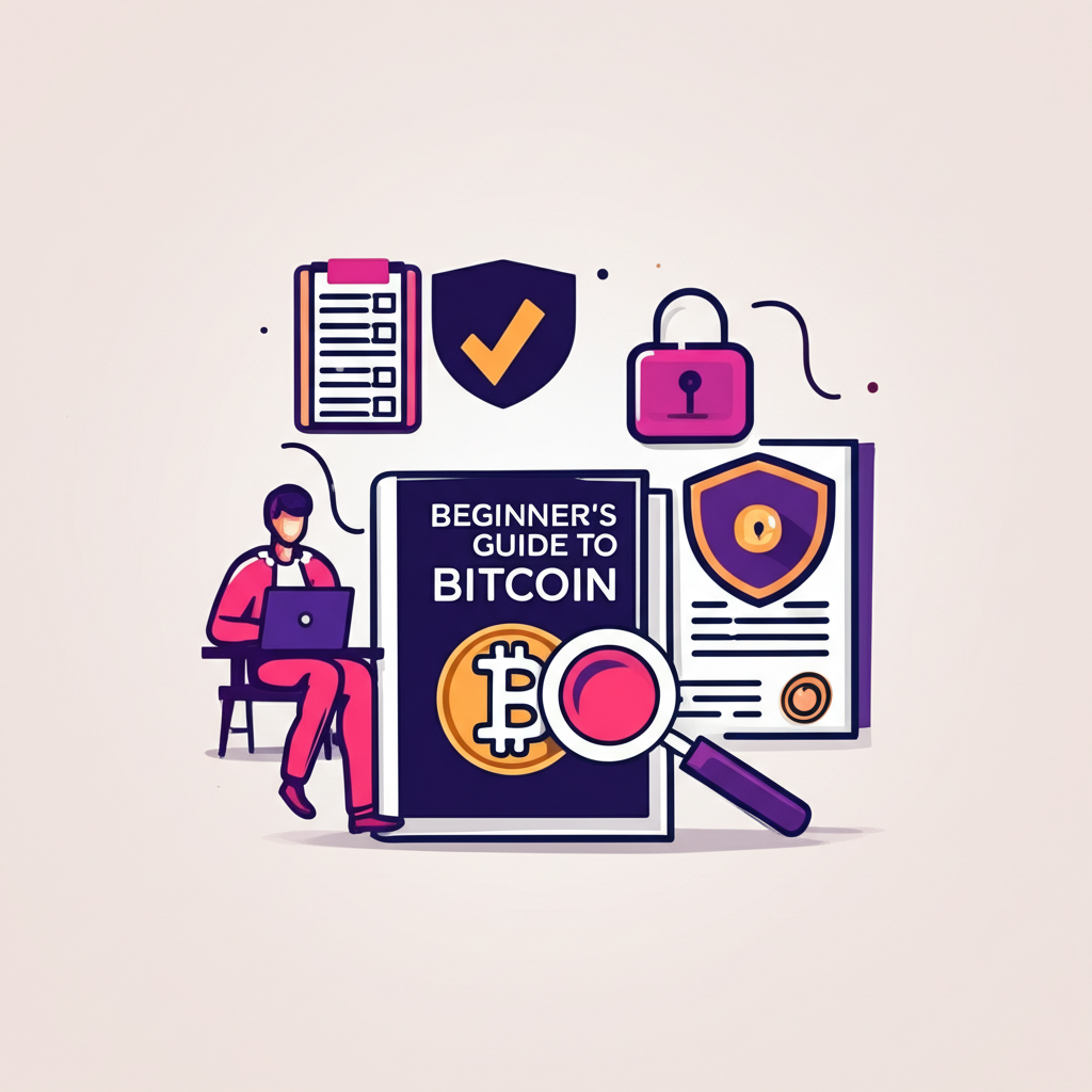 新手比特幣指南插圖，包含檢查清單、安全盾牌和風險了解符號