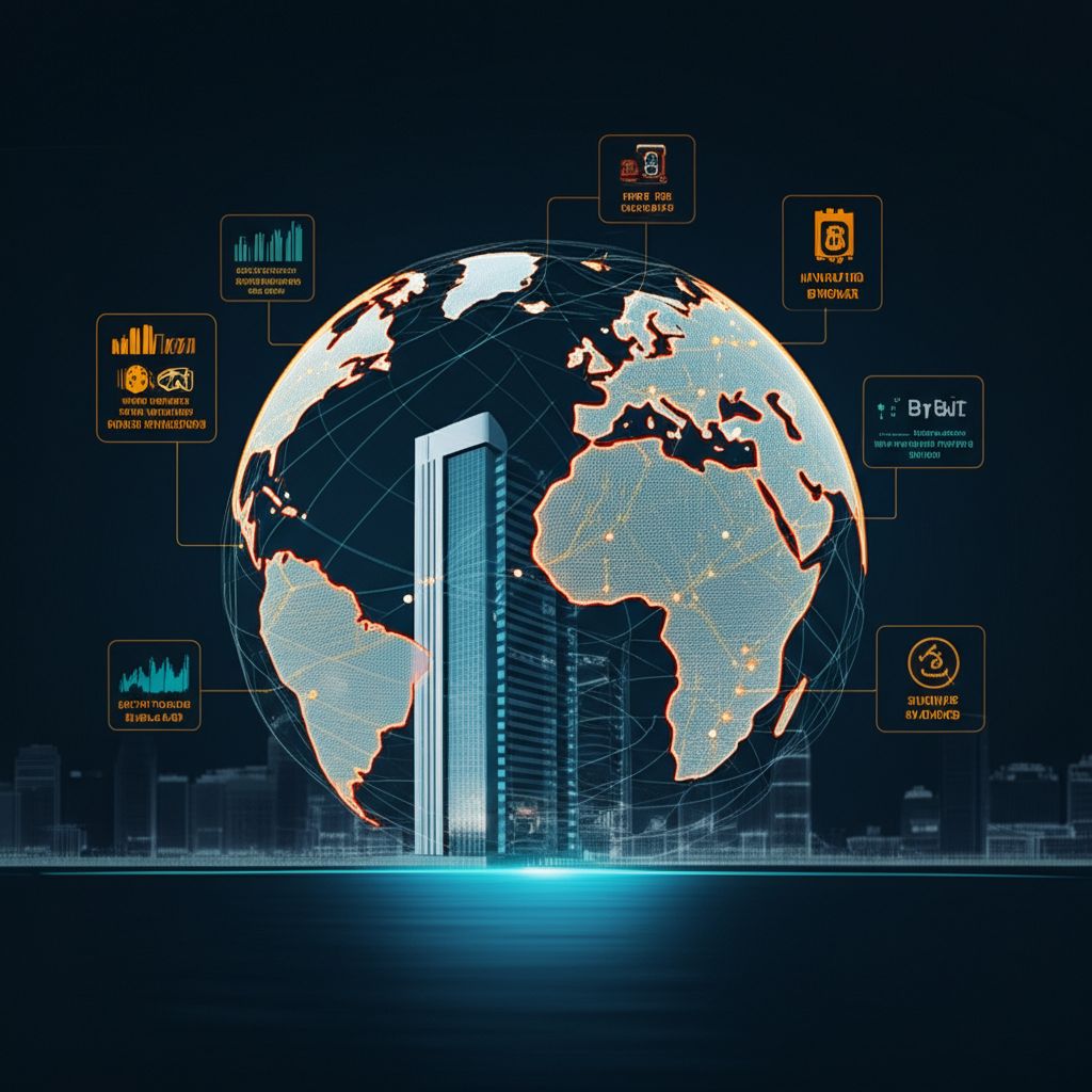 Bybit 杜拜總部插圖,顯示全球用戶交易加密貨幣衍生品和現貨市場,代表速度、穩定性和創新,以及跟單交易和質押等多元金融服務