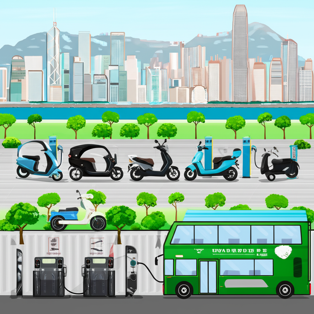 台灣與香港現代電動車及充電站示意圖,強調基礎設施與永續交通需求