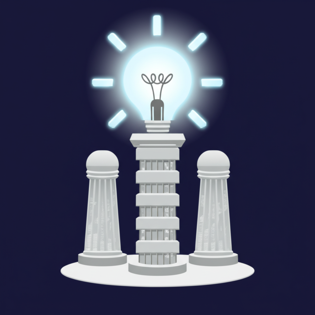 插圖:一個發光的核心概念由三根穩固支柱支撐,每根支柱上細緻呈現五個不同元素,構成堅實且吸引人的內容結構