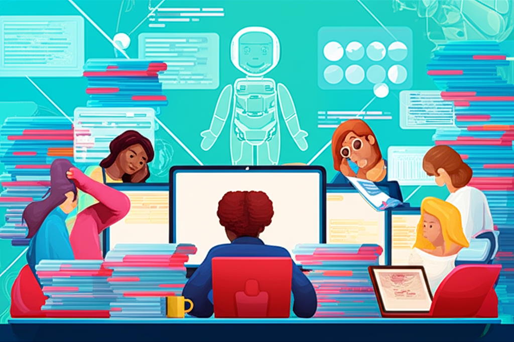 Illustration of content creators overwhelmed by writing tasks with a futuristic AI assistant emerging to help them manage the digital content explosion