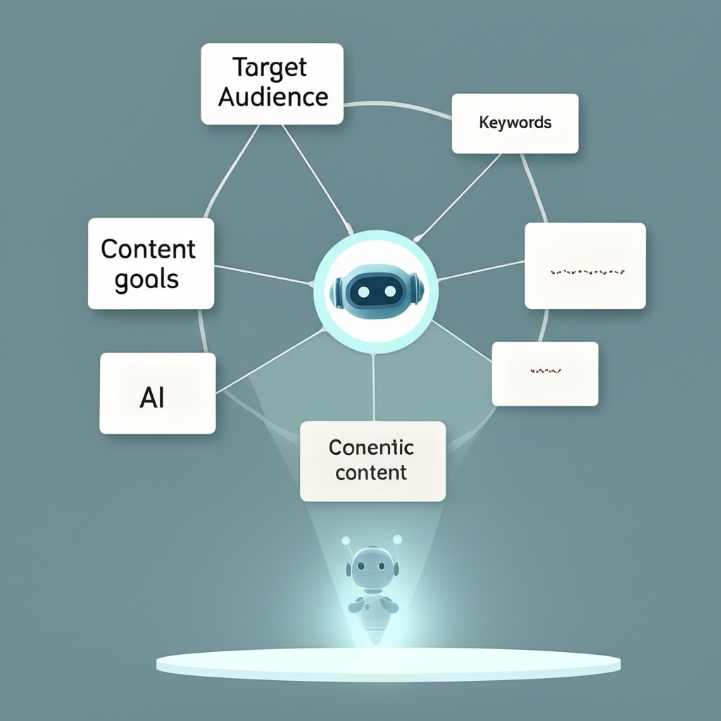 AI 助手解釋需要關鍵資訊來執行嚴謹語意分析並生成高標準內容藍圖的插圖風格