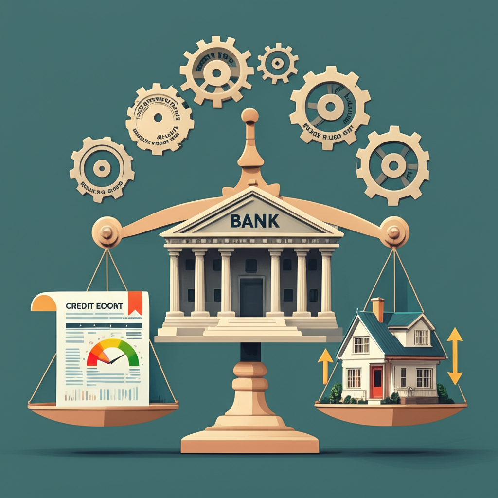 illustration of a central bank building with gears representing policy rates affecting a scale balanced by a credit score report and a house with upward and downward arrows for interest rates