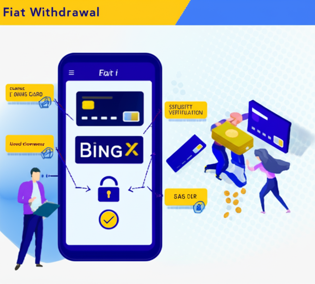 BingX法幣出金流程圖示，涵蓋加密幣轉法幣、連結銀行與安全驗證步驟