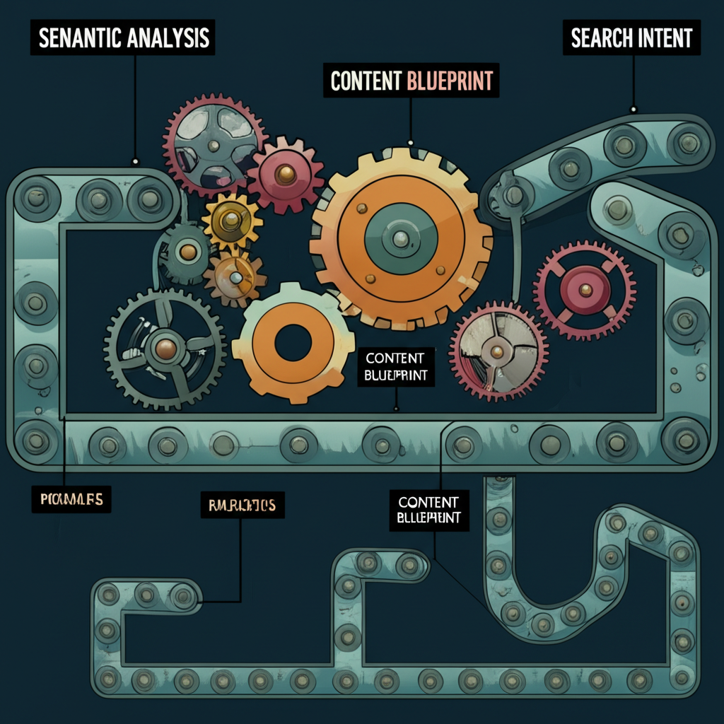 內容創作流程圖示，顯示關鍵齒輪或元件缺失，包括語意分析、搜尋意圖與內容藍圖，阻礙整體運作