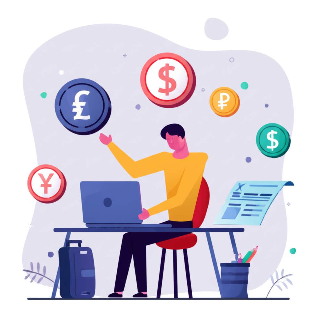一個人自信規劃財務,周圍浮動全球貨幣,象徵外幣匯率與智慧財務決策,用於旅行、留學或投資