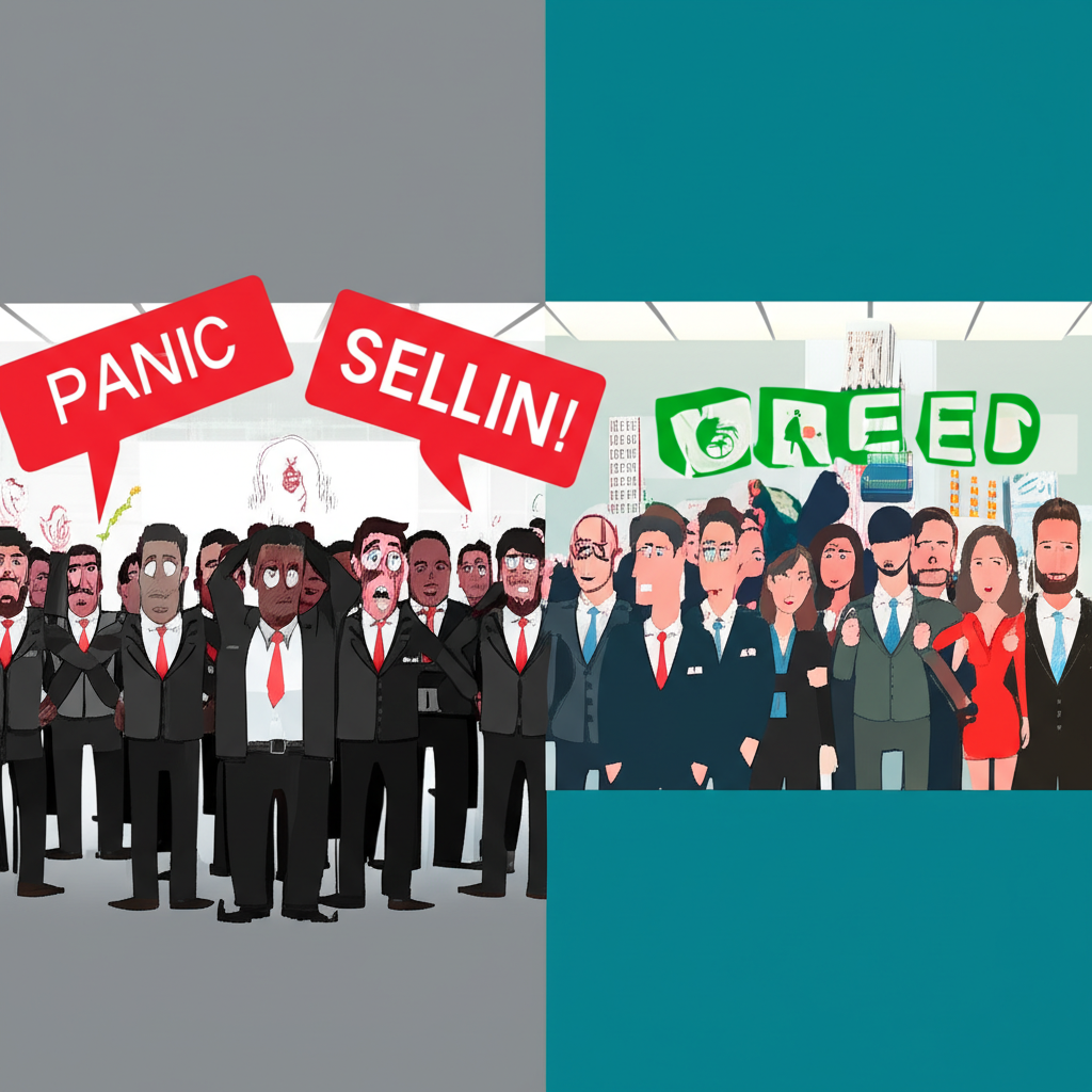 兩個對比鮮明的投資群體,一組恐慌賣出代表恐懼,另一組自信買入代表貪婪