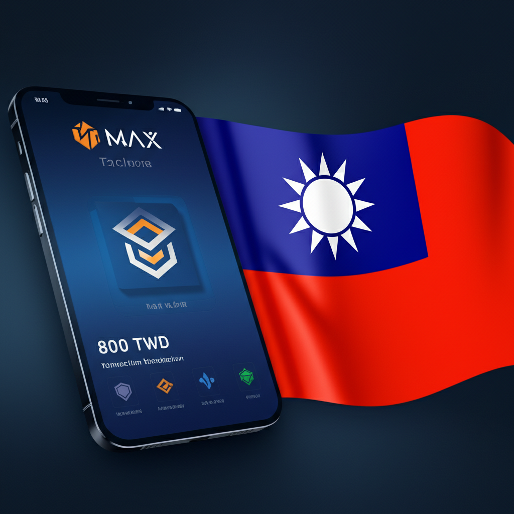 MAX虛擬貨幣交易所平台示意圖，背景有台灣國旗象徵其在地化服務與新台幣交易支援