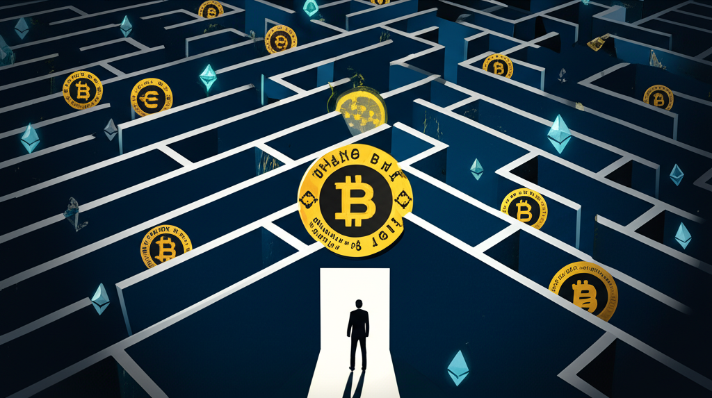 投資者穿越充滿加密貨幣符號和幣安標誌的財務迷宮,象徵交易成本與多樣產品
