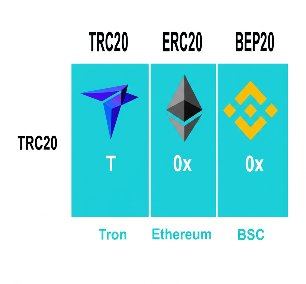 數位帳本的插圖,比較 TRC20、ERC20 和 BEP20 標準,它們的區塊鏈如 Tron、以太坊和 BSC,以及地址格式如 T 和 0x 的主要用途