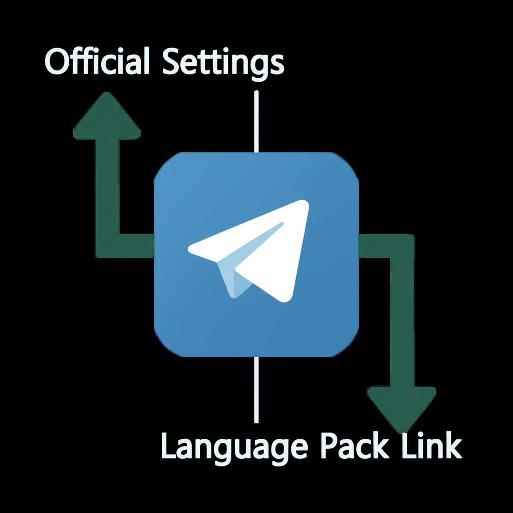 兩條不同路徑指向 Telegram 應用程式,一條標示官方設定,另一條標示語言包連結,代表切換成中文的兩種主要策略