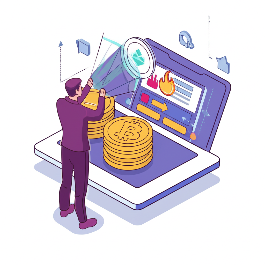 An illustration of a user earning passive income through various crypto financial products such as staking lending and dual investment on a platform that also offers early access to new coin launches via Spotlight and BurningDrop