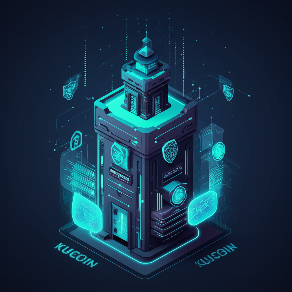 象徵KuCoin交易所的數位堡壘,外圍設有多重數位鎖與防護盾,代表KYC、雙重驗證與冷錢包儲存等安全機制,保護用戶資產