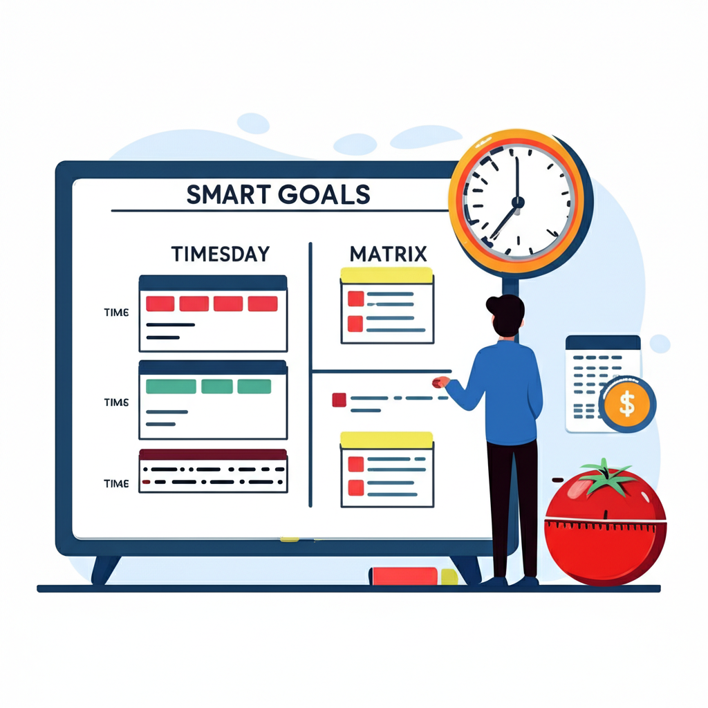 一位使用白板組織任務的人，包含SMART目標和艾森豪矩陣，鐘顯示時間區塊，旁邊有番茄計時器象徵結構化規劃和高效時間分配