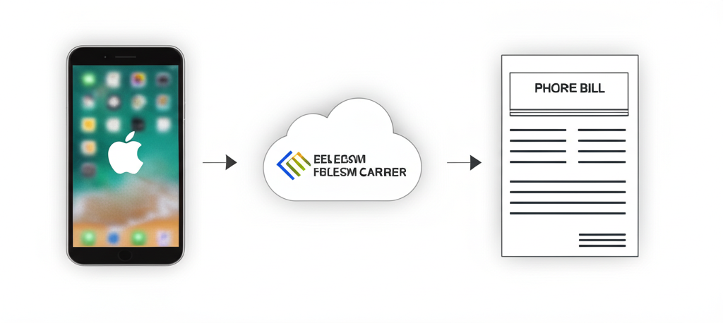 illustration of a digital flow showing an Apple device sending transaction data to a cloud then to a telecom carrier symbol finally connecting to a monthly phone bill