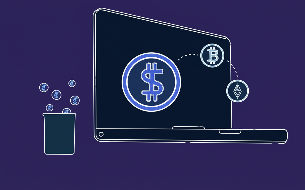 數字平台上三個財務圖示代表交易、充值與提現手續費,伴隨著加密貨幣流入流出的動態