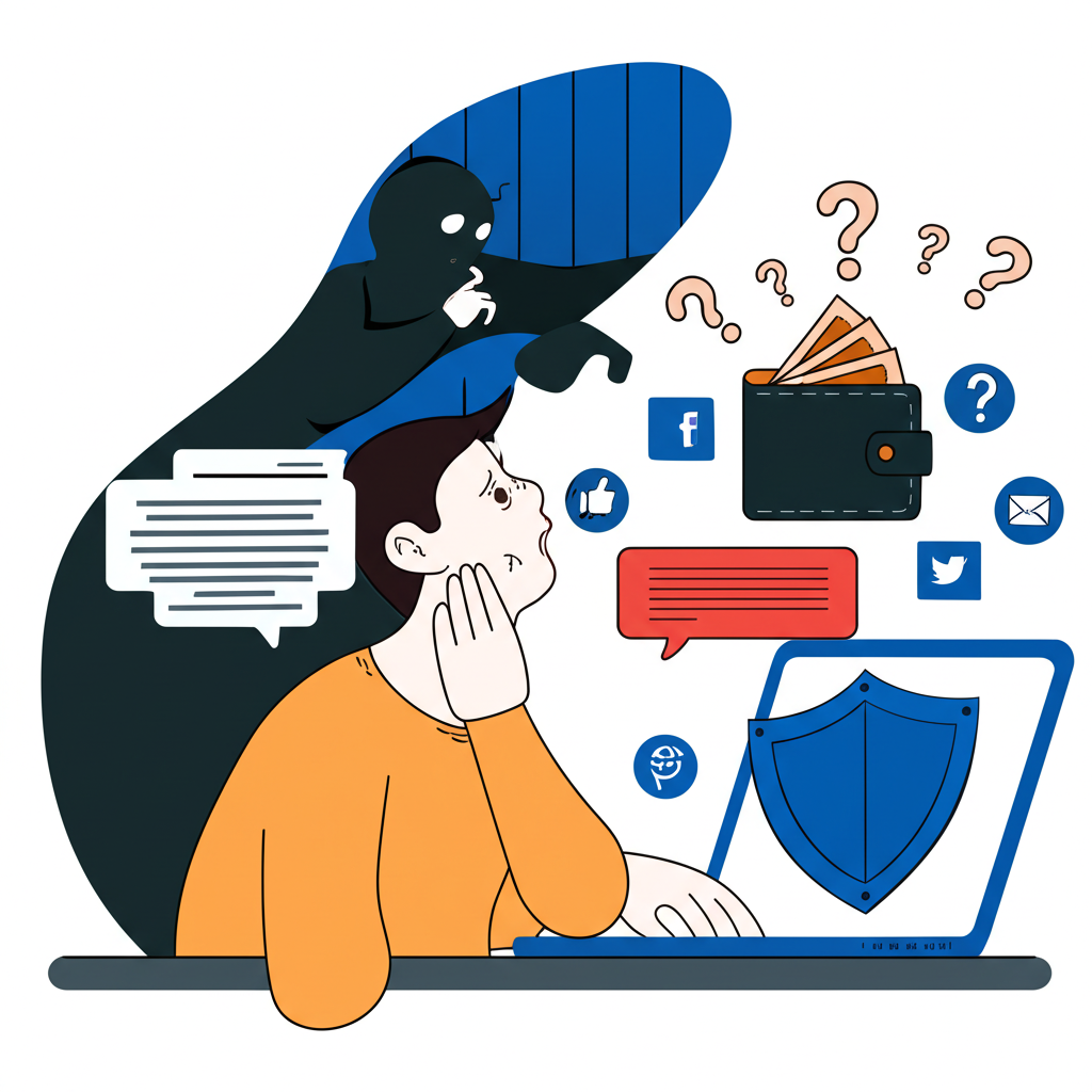 智匯保險經紀人詐騙討論插圖,顯示困惑人士查看社群媒體並保護錢包