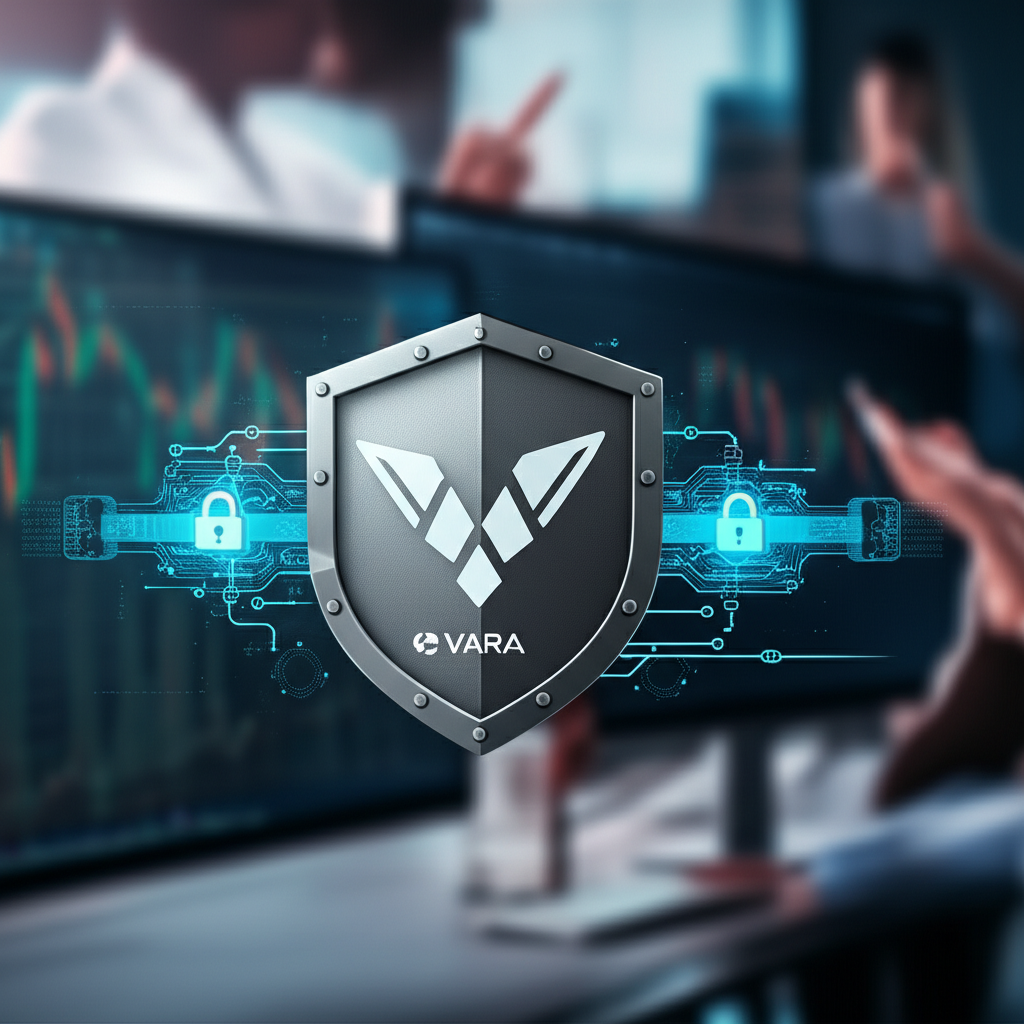 Bybit 安全防護機制:VARA 標誌的盾牌守護冷錢包金庫,多重簽名數位鎖與背景中自信交易的用戶,象徵其多層次資金保障體系