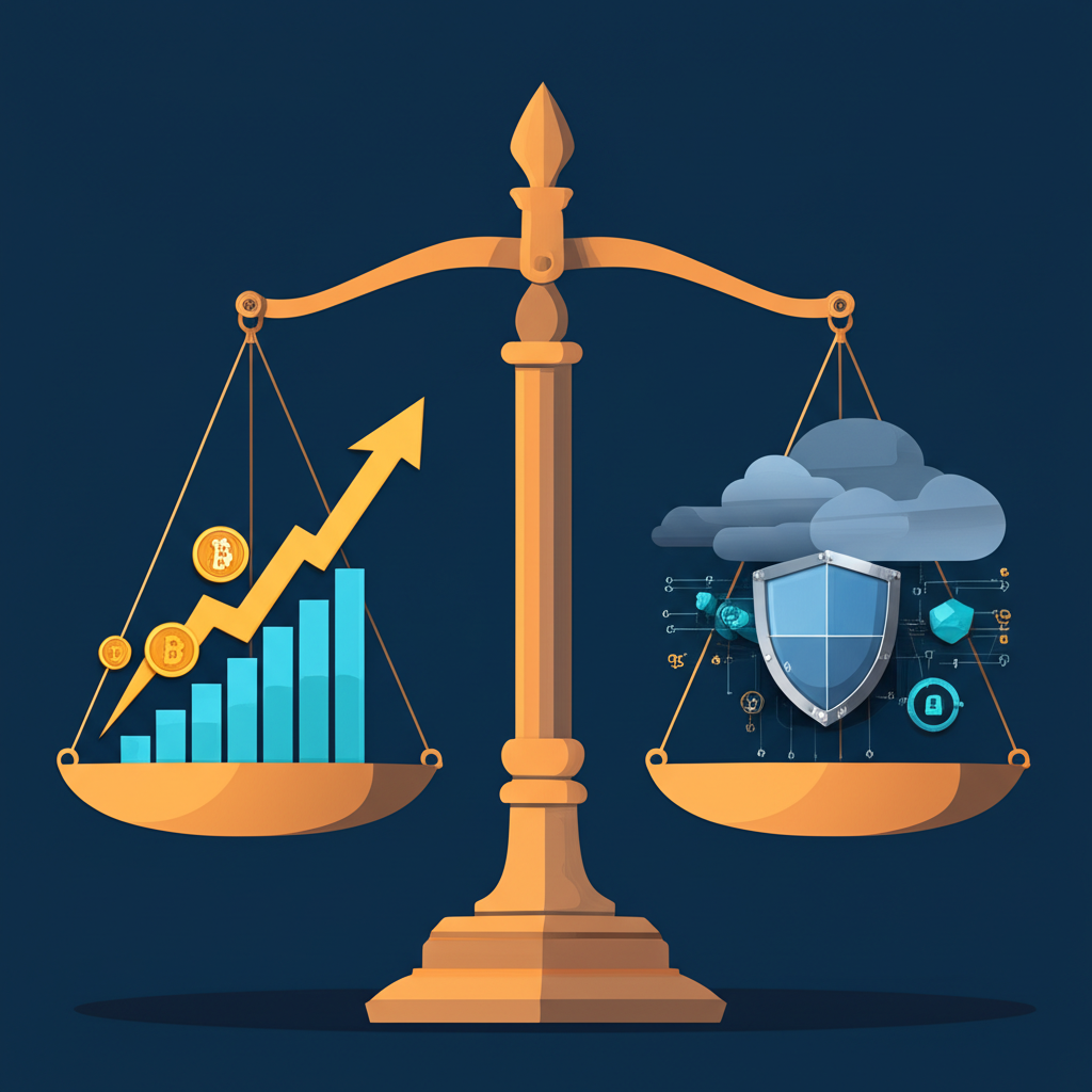 比特幣投資雙面性示意圖,天平一端為成長曲線、分散投資與技術創新等機會,另一端為價格波動、監管不確定性與網路威脅等風險