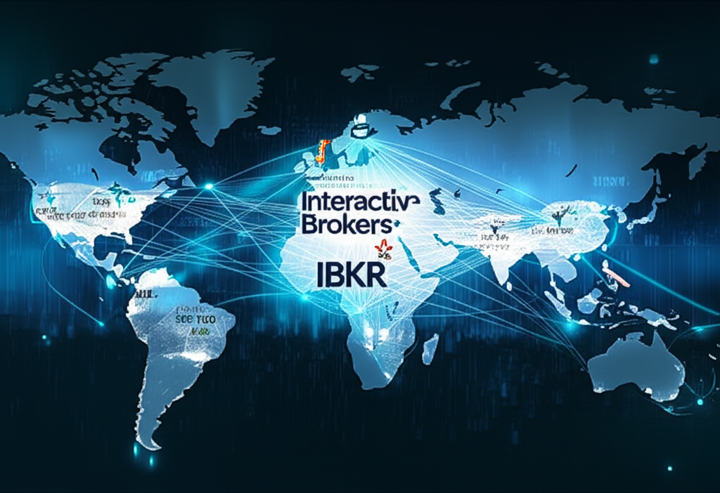 全球金融網絡圖示，顯示盈透證券 IBKR 串連各大金融市場，象徵其作為自動化電子券商的領導地位與多元產品服務
